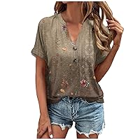 HTHLVMD Women's Casual Short Sleeve T Shirts Summer Button V Neck Tops Loose Fit Tee Shirt Blouse
