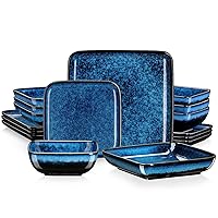 Stern Blue Dinner Set Square Reactive Glaze Tableware 16 Pieces Kitchen Dinnerware Stoneware Crockery Set with Dinner Plate, Dessert Plate, Bowl and Soup Plate Service for 4