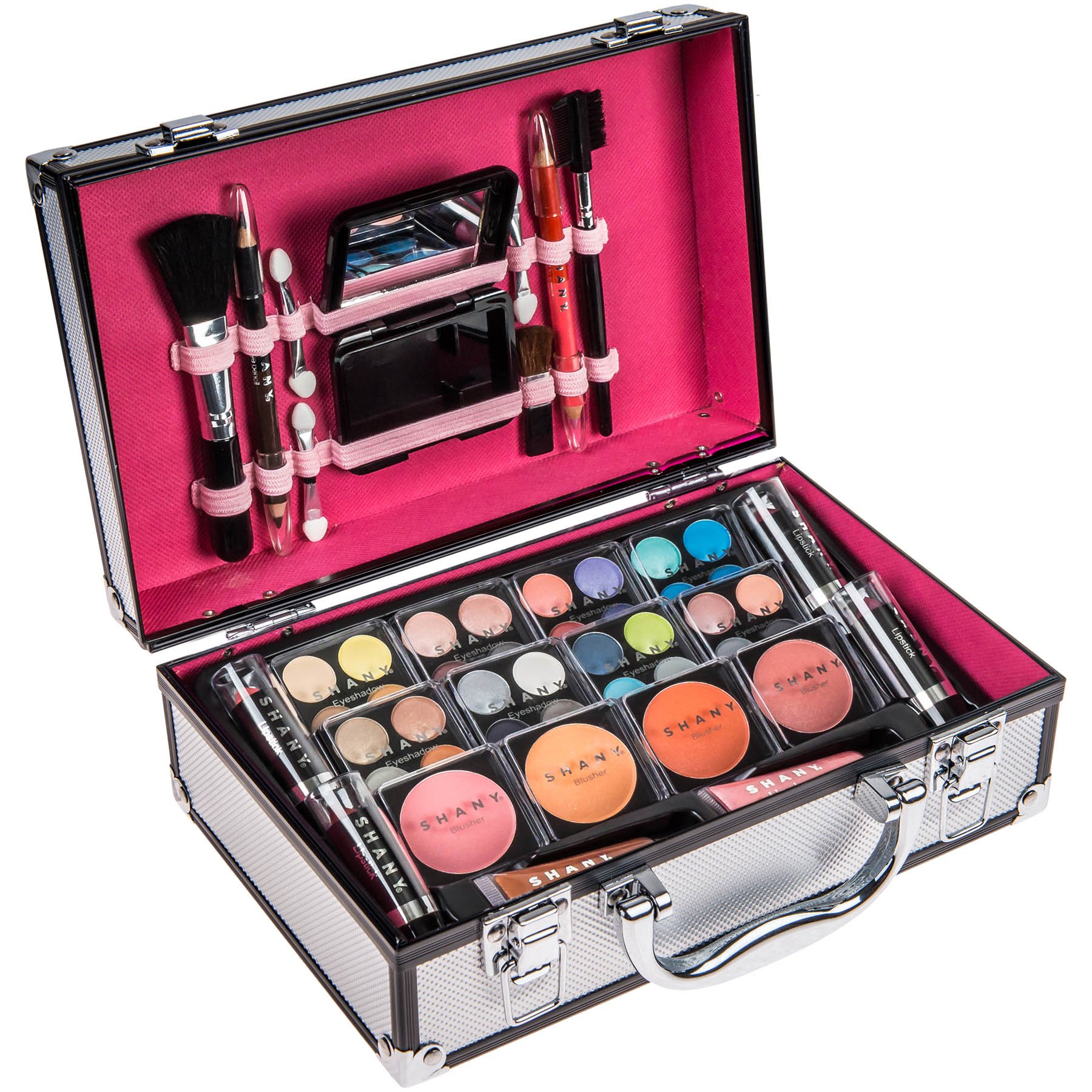 SHANY Carry All Makeup Train Case with Pro Teen Makeup Set, Makeup Brushes, Lipsticks, Eye Shadows, Blushes, and more - Silver