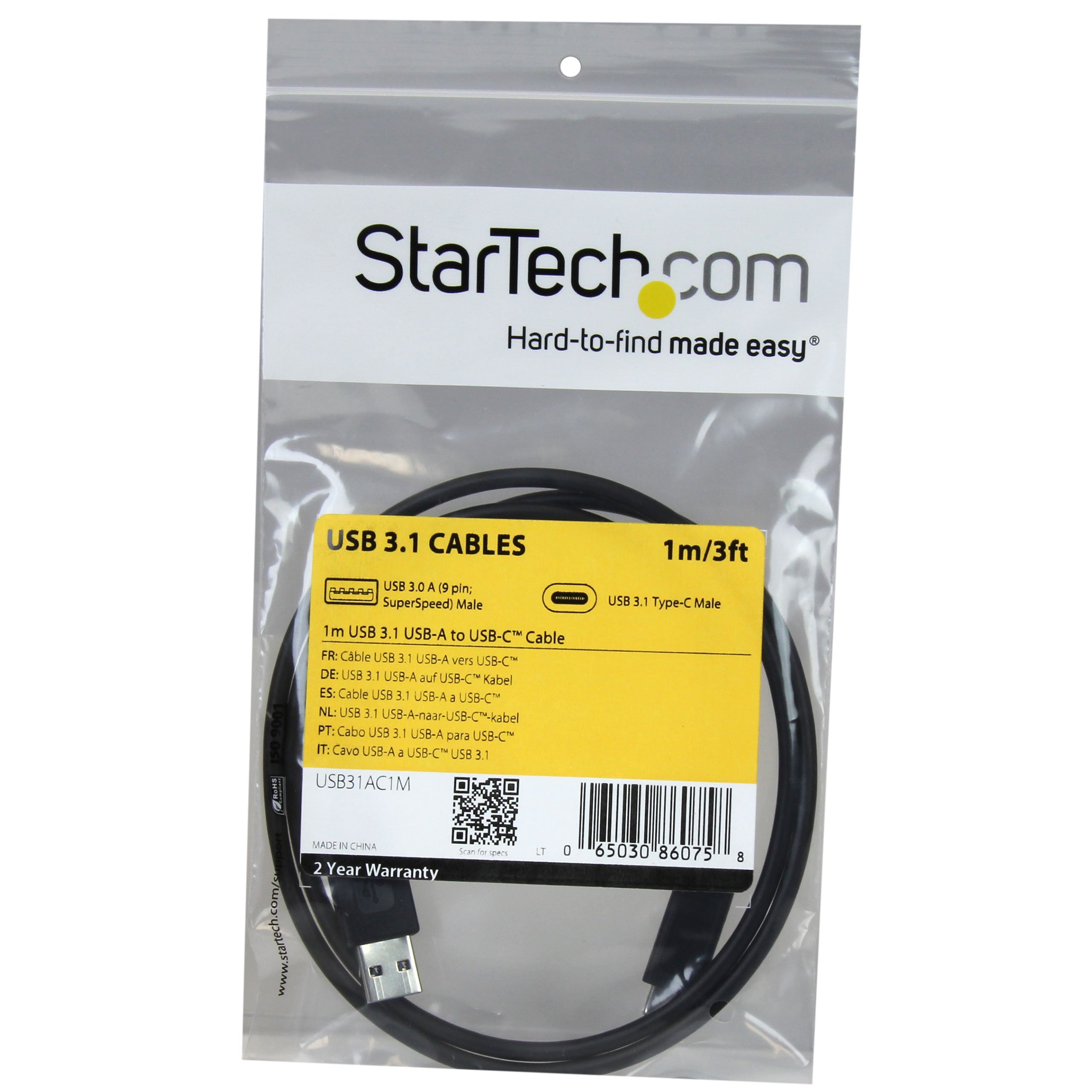 StarTech.com USB to USB C Cable - 3 ft / 1m - 10 Gbps - USB-C to USB-A - USB 2.0 Cable - USB Type C (USB31AC1M),Black