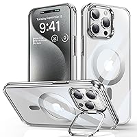 Strong Magnetic Clear for iPhone 15 Pro Max Case,Compatible with MagSafe,Built-in Stand & Single Lens Protector,Military Grade Shockproof Anti-Scratch Plating Case for 15 Promax,Silver