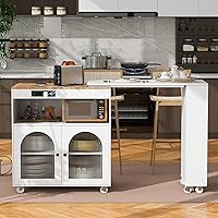 Rolling Kitchen Island, 75.3” Kitchen Island Cart with Storage, Side Table on Wheels with Large Worktop, Cabinet and Charging Station for Kitchen, Dinning Room (XKS001W)