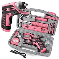 Hi-Spec 35PC Pink Household DIY Tool Kit Set with Electric Screwdriver 3.6V USB and Bit Set for Women. Small Tool Box Set of Starter Basic Ladies Tools for Home & Office Repair and Maintenance