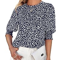 Boho Floral Print Blouses for Women Crewneck Smocked Puff Sleeve Shirts Dressy Casual Chiffon Tops Loose Fit Tunic Top