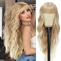 NAYOO Long Blonde Wigs with Bangs for Women Curly Wavy Hair Wigs Heat Resistant Synthetic Fiber Wigs for Daily Party Use 26 Inches (Blonde)