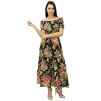 Bimba Printed Off Shoulder Party Wear Dress for Women’s Smocked Waist Maxi Flared Dress