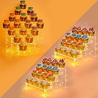 Cupcake Stand - Premium Cake Pop Holder - Cakes Dessert Display Stands for 16 Cupcakes + Yellow LED Light String - Ideal for Weddings, Birthday Parties, Candlelight Dinner