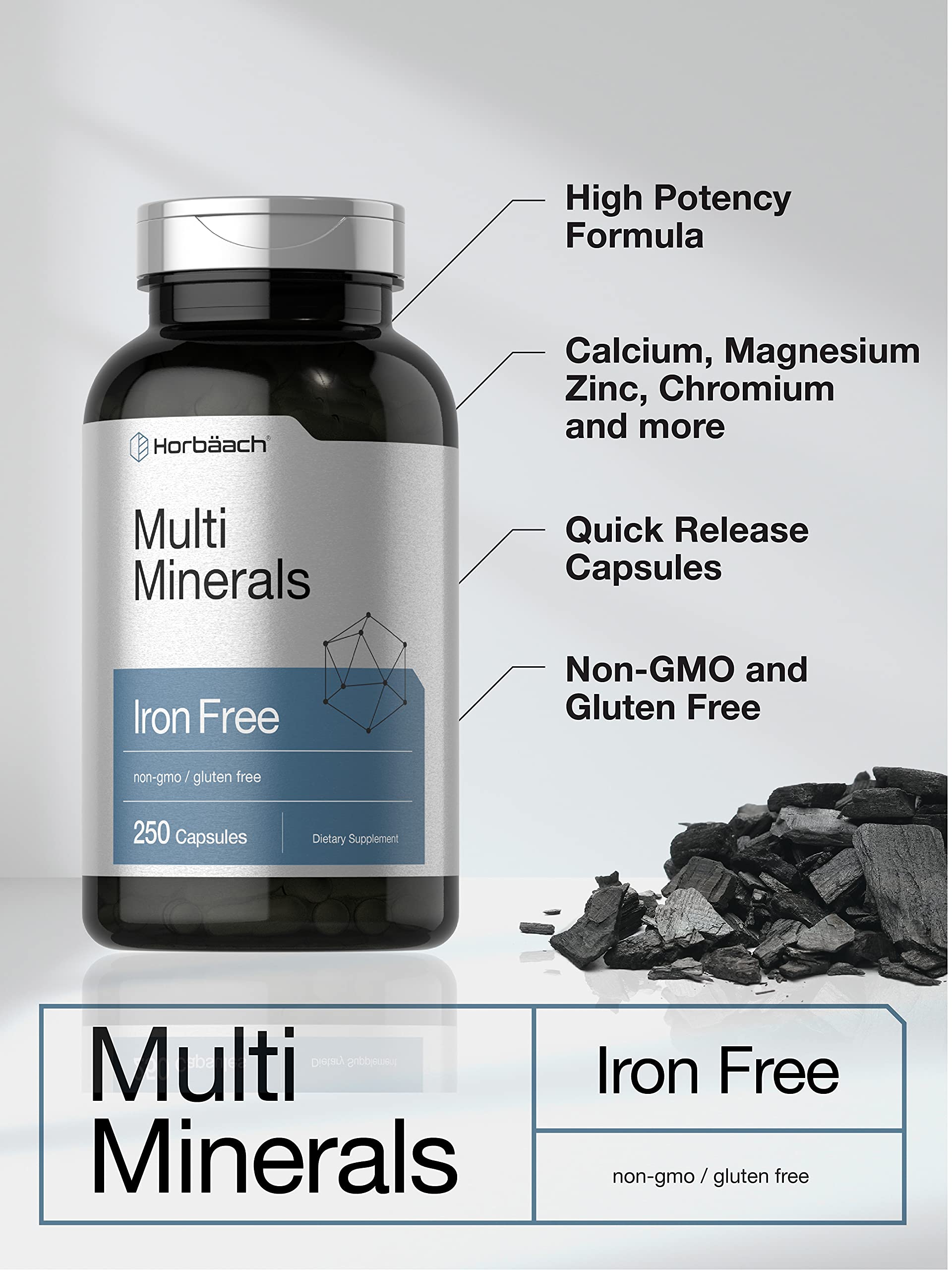 Multi Minerals Supplement | 250 Capsules | Iron Free | Daily Mineral Complex for Men and Women | Non-GMO & Gluten Free | by Horbaach