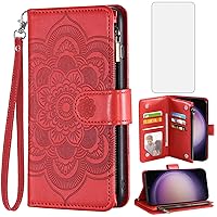 Asuwish Phone Case for Samsung Galaxy S23 5G Wallet Cover with Tempered Glass Screen Protector and Flower Leather Flip Credit Card Holder Cell Accessories S 23 23S GS23 G5 SM-S911U 6.1 inch Women Red