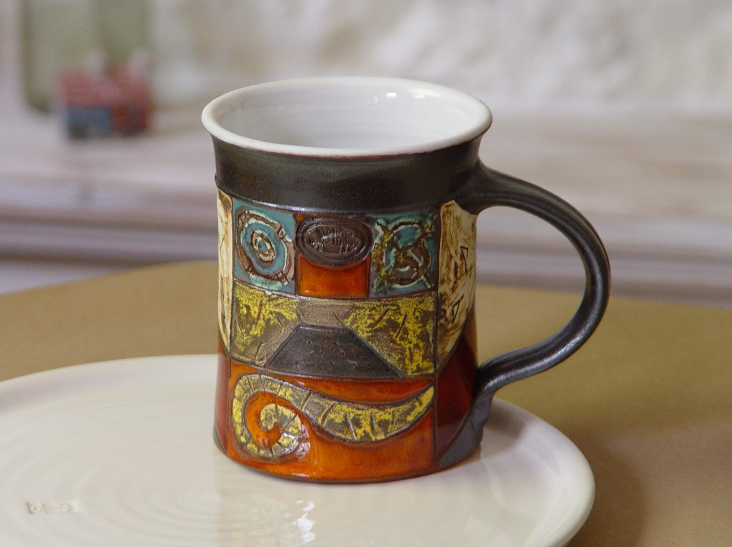 Multicolored Handmade Pottery Mug - Large Ceramic Coffee Tea Milk - Collectors Pottery - Orange Blue Grey Red - 18.5oz/550ml - Home Gift