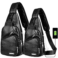 Peicees Pack of 2 Large&Medium Leather Sling Bag Mens Crossbody Bag Chest Bag Sling Backpack for Men with USB Charge Port, Classic Black Large & Classic Black Medium