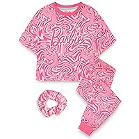 Barbie Girls Pyjama Set | Childrens Wavy All Over Print Pink Short Sleeve Long Leg Graphic PJs Bundle with Scrunchie