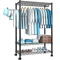 Heavy Duty Clothing Garment Rack, Freestanding Clothing Rack, Portable Closet Wardrobe with 3 Adjustable Wire shelves 1 Side Hook and 1 Clothe Rod for Hanging Clothes, Black