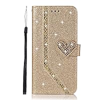 Guppy Compatible with iPhone 14 Glitter Wallet Case for Women Luxury Bling Diamond Rhinestone Heart 2 Card Holder Wrist Strap PU Leather Slots Protective Cover 6.1'' Gold