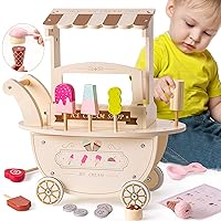 ROBOTIME Wooden Ice Cream Cart Play Set for Kids Toddlers, Pretend Play Kitchen Food Toy Gift for Ages 3+