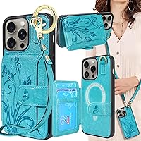 Lacass Compatible with MagSafe Case Wallet for iPhone 15 Pro Max 6.7 inch 2023, Crossbody Leather Wallet Case with Card Holder Wrist Strap and Loop,Support Wireless Charging(Floral Blue Green)