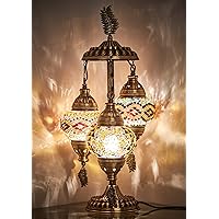 DEMMEX 3 Globes Turkish Moroccan Mosaic Bohemian Table Desk Bedside Night Lamp Light Lampshade, Exotic Oriental Colorful Mosaic Glasses Table Lamp, Antique Brass Color Metal Body, 21