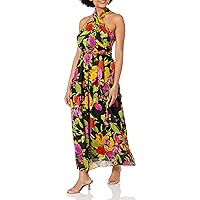 London Times Women's Twist Neck Feminine Chiffon Halter Maxi Dress Occasion Guest of Mother of The Bride