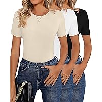 3 Pack Women Short Sleeve Crew Neck T Shirts Slim Fitted Round Neck Crop Tops Solid Color Stretchy Basic Tees