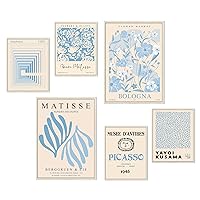 Famous Artist Wall Art Prints Set of 6, Abstract Blue Matisse Wall Art Exhibition Posters, Modern Blue Matisse Yayoi Kusama Picasso Mix Gallery Flower Market Wall Art Prints for Aesthetic Room