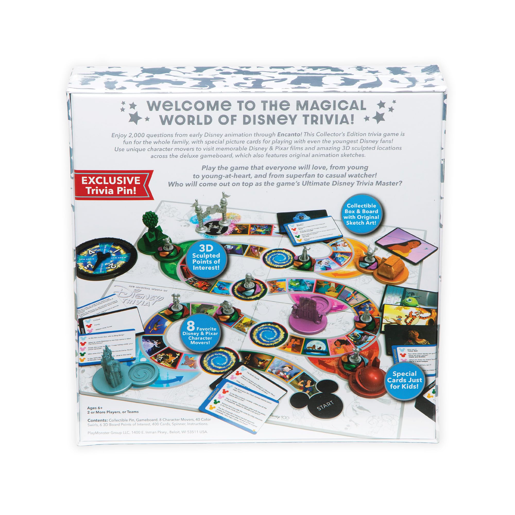 PlayMonster The Magical World of Disney Trivia: 100 Years of Wonder Trivia Board Game Cards for Children with Disney + Pixar Art, Exclusive Pin, for Kids Ages 6+