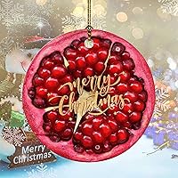 Merry Christmas Fruit Pattern Pomegranate Ceramic Ornament Christmas Ornaments Craft Gifts Double Sides Printed Collectible Keepsake Gift with Gold String for Christmas Trees Elegant Decor 3