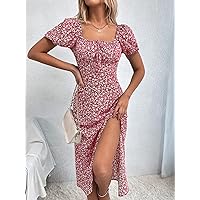 Necklaces for Women Square Neck Ditsy Floral Print Tie Front Split Thigh Dress (Color : Red and White, Size : Large)