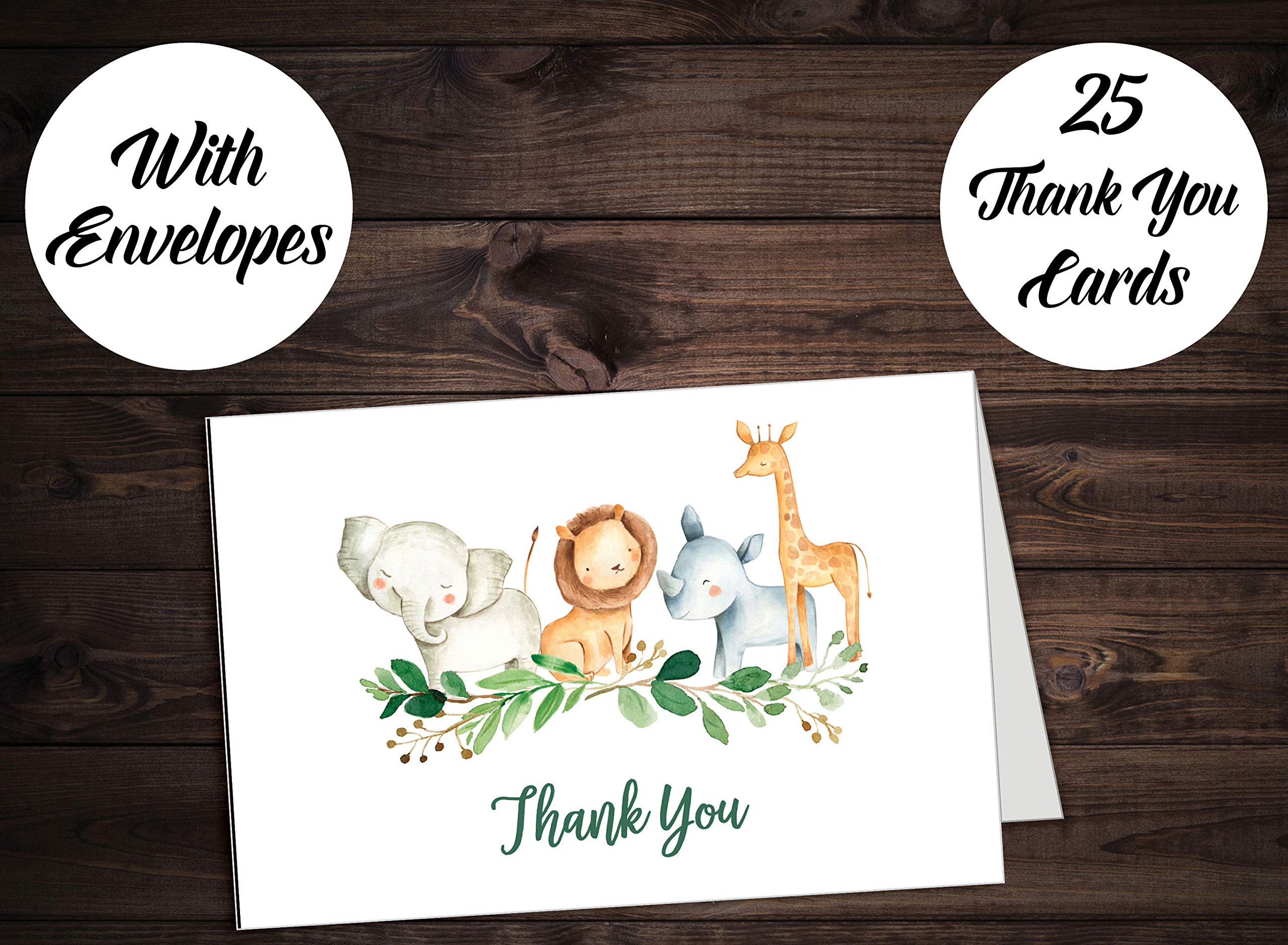 25 Boxed Safari Thank You Cards With Envelopes (Thick Card Stock) Baby Shower, Jungle Greenery Large Size 4x6 Zoo Animal Giraffe Lion Elephant Gratitude For Party, Girl Boy Children Birthday Stationery