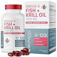 Omega-3 Fish + Krill Oil 1000 MG EPA DHA Astaxanthin Premium Blend - Joint, Brain & Eye Health - Non GMO, Heavy Metal Tested, 120 Softgels
