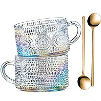 Gezzeny Vintage Glass Coffee Mugs 14 Oz Set of 2 Iridescent Embossed, Tea Cups,Glass Coffee Cups for Cappuccino, Latte,Cereal, Yogurt, Beverage Christmas Thanksgiving Day Gifts