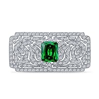 Big Vintage Estate Jewelry Scroll Cubic Zirconia Simulated Green Emerald Red Ruby Blue Sapphire AAA CZ Rectangle Filigree Statement Art Deco Style Brooch Pin For Women Silver Plated