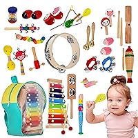 Music Instrument Set - Wooden Toy Musical Instruments 28 Piece Percussion Set with Backpack to Play and Learn
