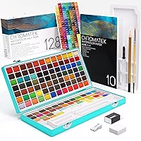 CHROMATEK Watercolor Paint Set, 128 Vivid Colors in Portable Box, With Pad, Brushes and Everything Else you Need to Start Painting, Travel Kit