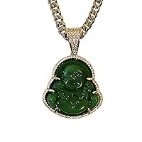 Smiling Happy Iced Laughing Buddha Green Jade Pendant Necklace Miami Cuban Chain Cz Box Lock, Genuine Certified Grade A Jadeite Jade Hand Crafted, Silver Jade Medallion 6mm 20