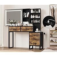 Vanity Desk with Mirror, Makeup Vanity Desk Charging Station,LED Light with 3 Lighting Modes, 5 Large Drawers and 3 Tiers of Open Shelves for Bedroom(Retro Black)