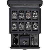 ROTHWELL Luxury Watch Box for 8 Watches - PU Leather Watch Box with Real Glass Lid - Extendable Accessory Drawer with Multiple Compartments (Carbon)