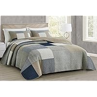 Chezmoi Collection Addy 3-Piece Navy Blue White Gray Taupe Plaid Patchwork Quilt Set - Pre-Washed Cotton Coverlet - Lightweight Reversible Bedspread, Queen Size