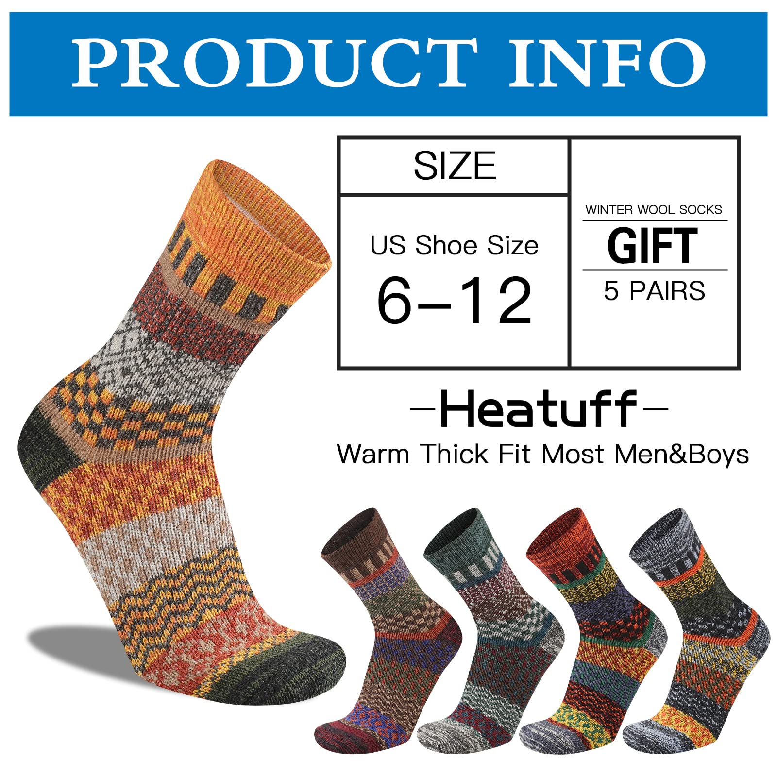 Heatuff Mens Warm Wool Socks Thermal Winter Thick Crew Pattern Socks Cold Weather 5 Pairs