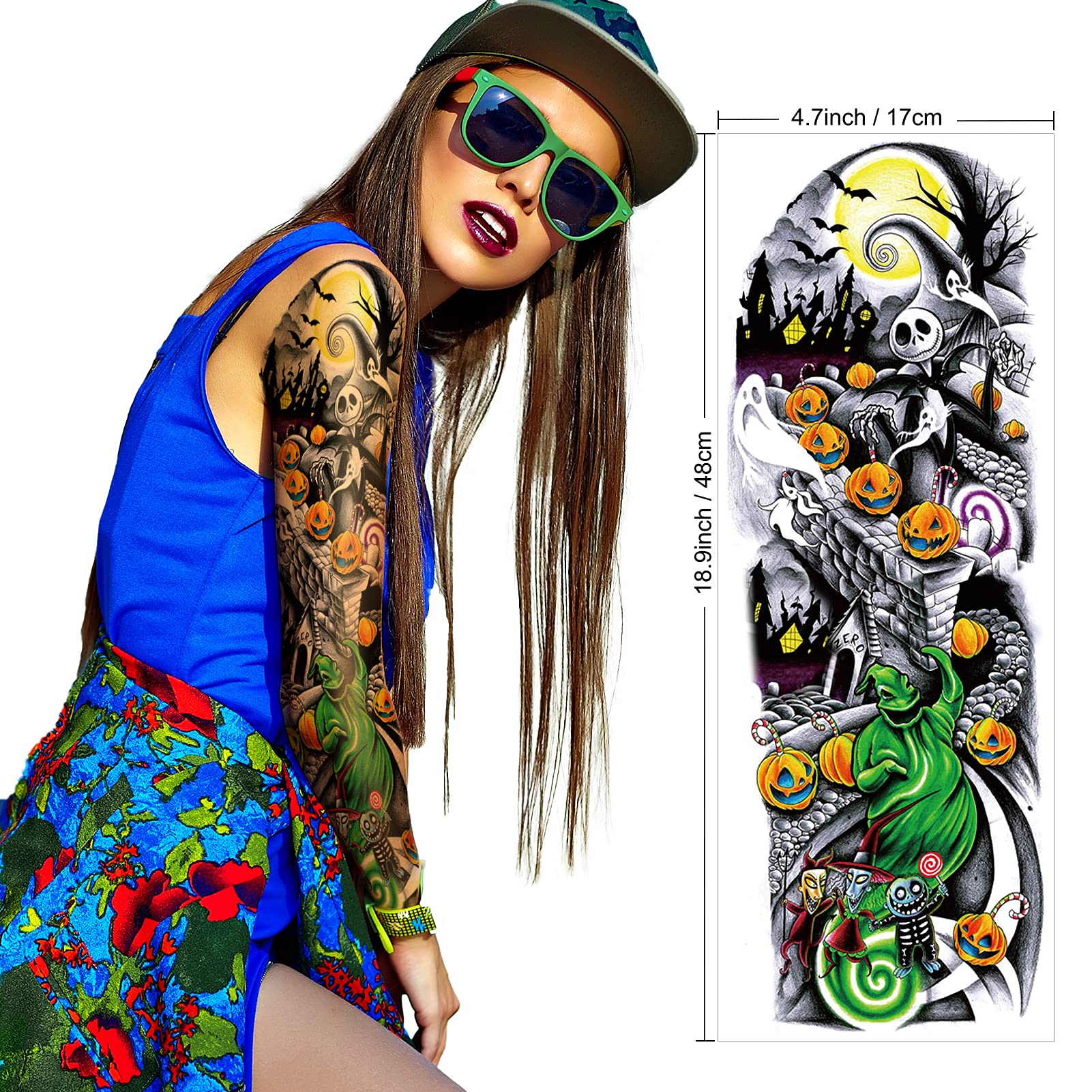 Full Arm Temporary Tattoo (18 Sheets), Konsait Extra Temporary Sleeve Tattoo Black Waterproof Tattoo Body Stickers for Man Women