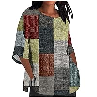 Color Block Tops for Women Summer Loose 3/4 Sleeve Shirt Plus Size Crew Neck Blouse Side Slit Loose Fit Tunic Tops