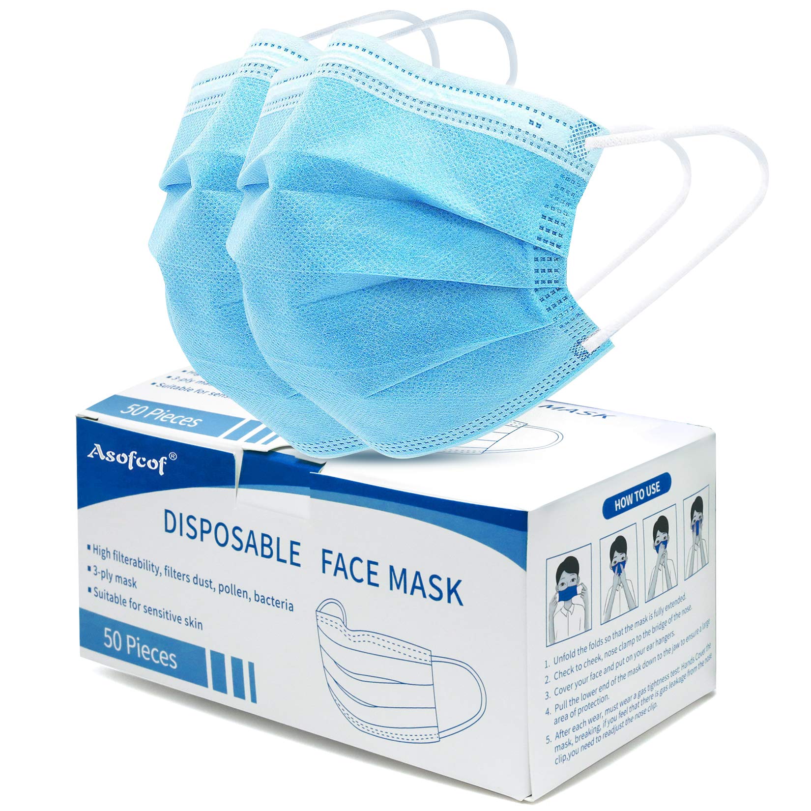 Asofcof 50PCS Disposable Face 3 Layer Anti-Dust Earloops Protective Cover Mask(Blue)