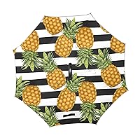 ALAZA Tropical Pineapple Fruit Summer Stripe Windproof Inverted Open Close Reverse Rain Umbrella Inside Out Quality Waterproof Parasol Upside Down Stick Shelter with Hook c Handle