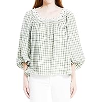 Max Studio Women's Square Neck Long Sleeve Blouse, Green-M2103, Extra Small