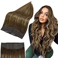Full Shine Wire Hair Extensions Real Human Hair Medium Brown to Butter Blonde 70g Invisible Wire Hair Extensions 14 Inch Straight Extensions Secret Extensions