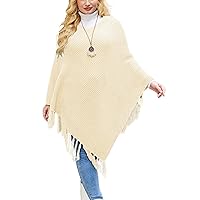 IN'VOLAND Women's Knitted Shawl Poncho with Fringed Capelet V-Neck Striped Sweater Pullover Cape