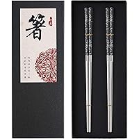 Stainless Steel Chopsticks Titanium Plated Metal Chopsticks Reusable Dishwasher safe Premium Japanese Korean Chopstick Laser Engraved Anti-slip Chop Sticks for Eating 2 Pairs Gift Set Black Silver