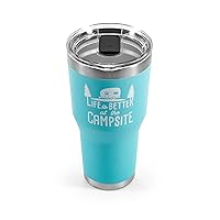 Camco Life is Better at The Campsite Tumbler | Heavy Duty Double Wall Vacuum Insulation | Crafted of 18/8 Stainless Steel | Unique “Life is Better at The Campsite” Design on Cool Blue | 30-oz (53058)