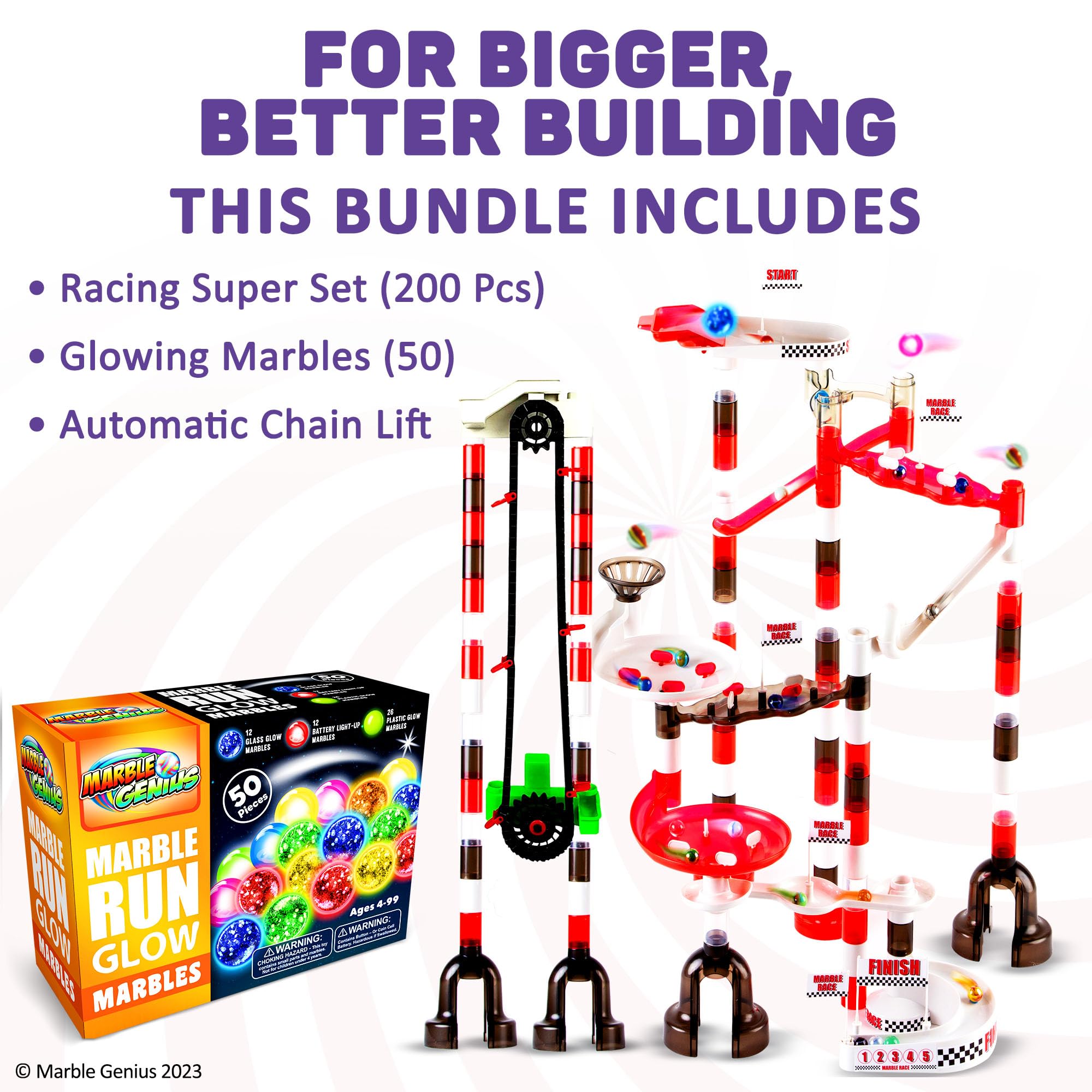 Marble Genius Bundle: Marble Run Racing Set (200 Pieces), Marble Glow Run Race Track Set Glow in The Dark (50 Pieces), Automatic Chain Lift, STEM Educational Building Block Toy