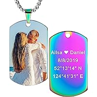 MeMeDIY Personalized Dog Tag Pendant Necklace Engraving Name/Date/Text/Color Picture for Men Women Memorial Stainless Steel/Tungsten Jewelry, Bundle with Adjustable Chain, Keychain, Silencer