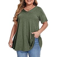 BELAROI Plus Size Tops for Women Tunic Shirts Summer Casual V-Neck Button Short Sleeves T Shirts Loose Fit Flowy Blouses (5X, Army Green)